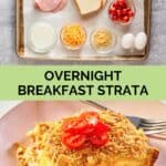 breakfast strata ingredients and a serving on a plate.
