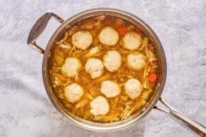 chicken and dumplings in a large pot.
