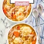 overhead view of bowls of chicken and dumplings and spoons next to them.