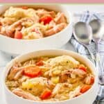 bowls of chicken and dumplings and spoons.
