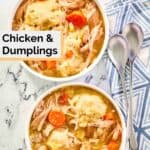 overhead view of two bowls of chicken and dumplings and two spoons.