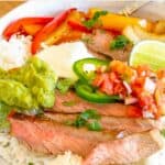 closeup of homemade Chipotle steak bowl with rice and veggies.