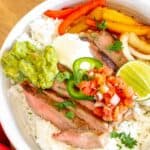 overhead view of homemade Chipotle steak bowl with rice.