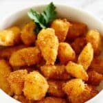 homemade Culver's fried cheese curds in a white bowl.