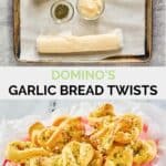 Domino's garlic bread twists ingredients and the finished bread knots.