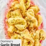 overhead view of homemade Domino's garlic knots in a basket.