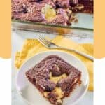 german chocolate cheesecake earthquake cake on a plate and in a baking dish.