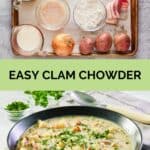 clam chowder ingredients and the finished dish.