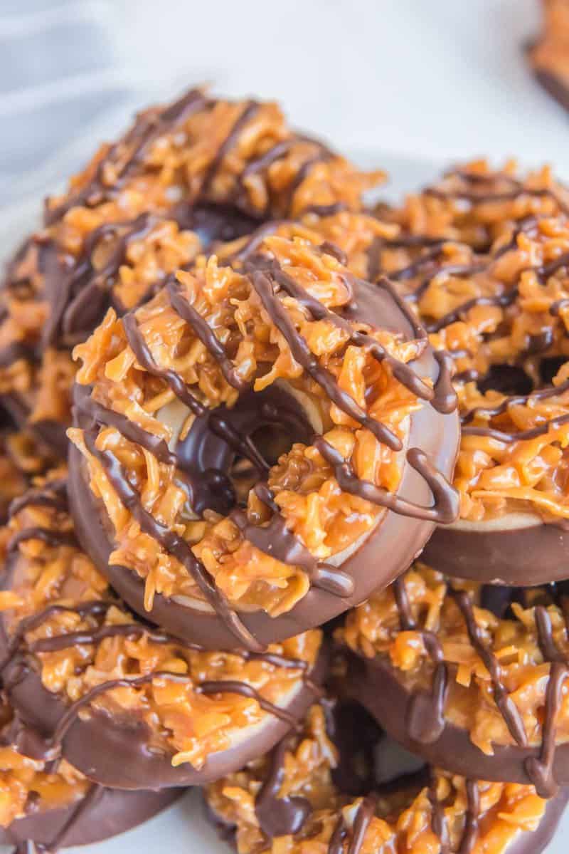 closeup of copycat Girl Scout samoas cookies.