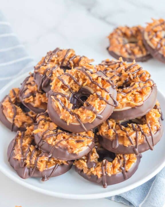 homemade Girl Scout samoas cookies on a plate.