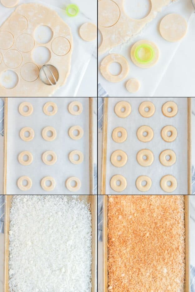 cutting and baking cookie dough and toasting coconut flakes.