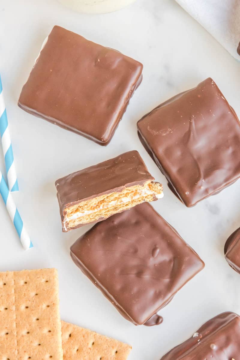 overhead view of copycat Girl Scout s'mores cookies.