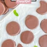 overhead view of copycat Girl Scout thin mints scattered on parchment.