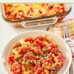 hamburger hash in a bowl and in a baking dish.