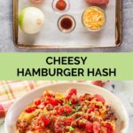 hamburger hash ingredients and a serving on a plate.