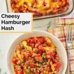 hamburger hash in a baking dish and bowl.