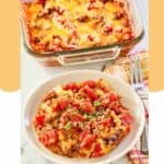 cheesy hamburger hash in a baking dish and on a plate.