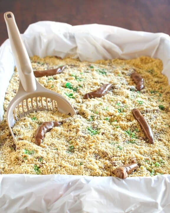 kitty litter cake in a pan.