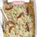 overhead view of kitty litter cake in a pan.