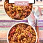 overhead view of bowls of Mexican rice casserole.