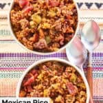 overhead view of two bowls of Mexican rice casserole and two spoons.