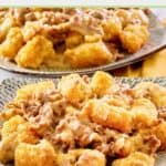Mexican tater tot casserole on two grey plates.