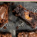 closeup of the side of a milky way brownie.