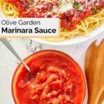 overhead view of homemade Olive Garden marinara sauce in a bowl and on spaghetti.