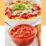 a bowl of homemade Olive Garden marinara sauce in front of a bowl of it on spaghetti.