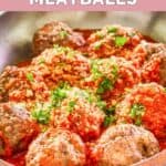 homemade Olive Garden meatballs and marinara in a copper skillet.