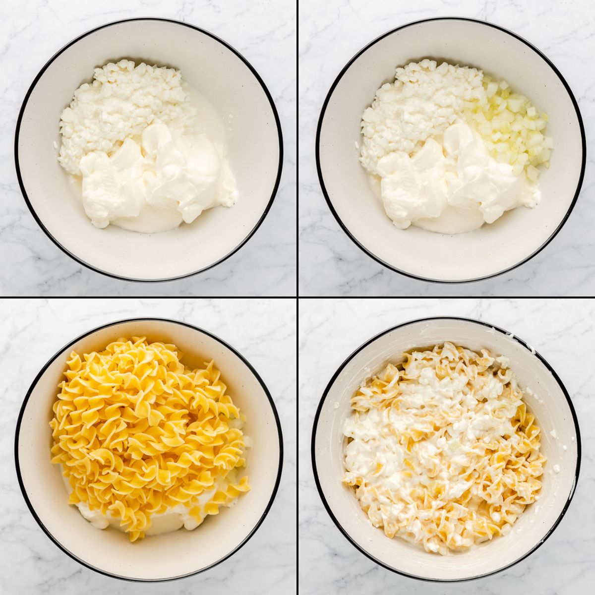 collage of preparing cheese noodle mixture for sour cream noodle bake.