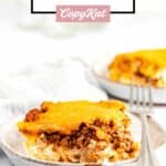 sour cream noodle bake on a plate and a white cloth napkin.