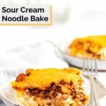 sour cream noodle bake servings on white plates.