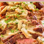 closeup of steak marsala on a platter.