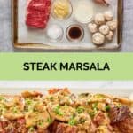 steak marsala ingredients and the finished dish.