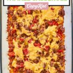 tamale casserole in a glass baking dish.