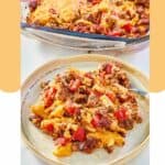 tamale casserole in a baking dish and on a plate.