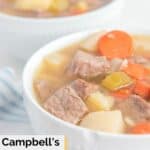 closeup of a bowl of homemade Campbell's vegetable beef soup.