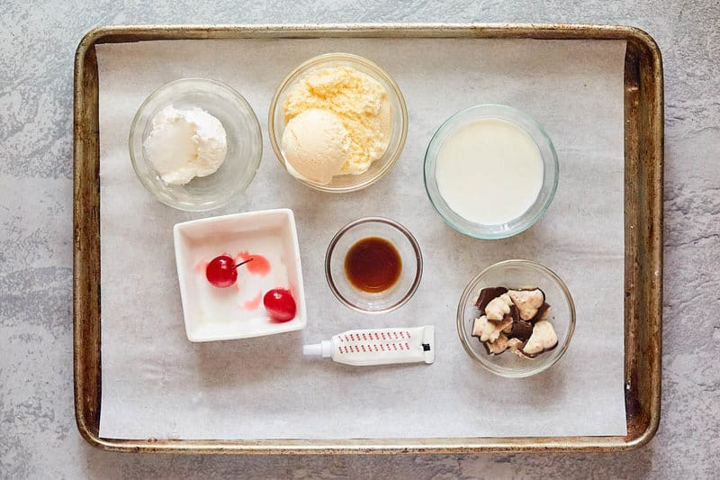 Chick Fil A peppermint milkshake ingredients on a tray.