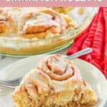 slice of homemade Cracker Barrel cinnamon roll pie in front of the pie.
