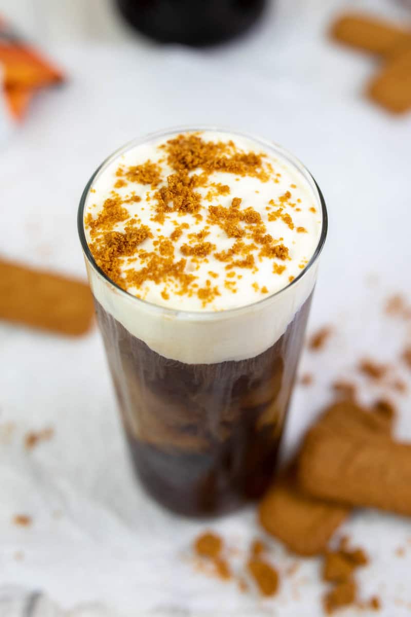 copycat Dunkin cookie butter cold brew with cold foarm.