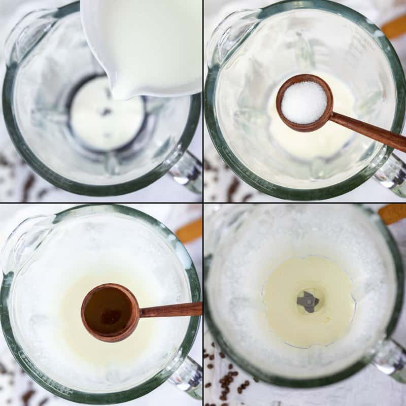 collage of making Dunkin cookie butter cold foarm.