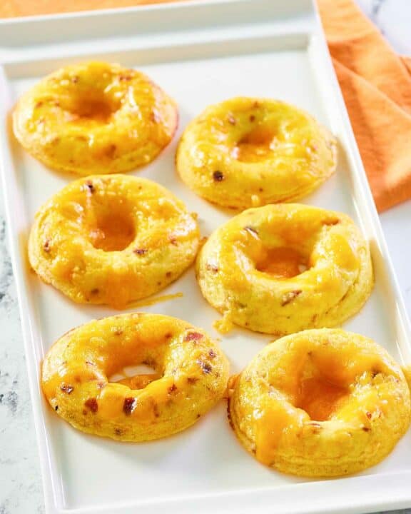 copycat Dunkin Donuts bacon cheddar omelet bites on a platter.