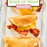 overhead view of homemade Dunkin pancake wake up wrap breakfast sandwiches.