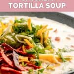 closeup of a bowl of homemade Full Moon Cafe chicken tortilla soup.