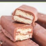 closeup of homemade kit kat candy bars in a pile.