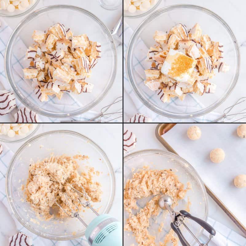 collage of making zebra cake truffles.