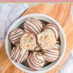overhead view of Little Debbie zebra cake truffles in a bowl on a board.