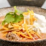 bowl of copycat Luby's beef tortilla soup.