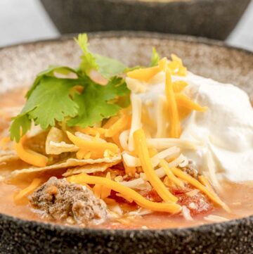 bowl of copycat Luby's beef tortilla soup.